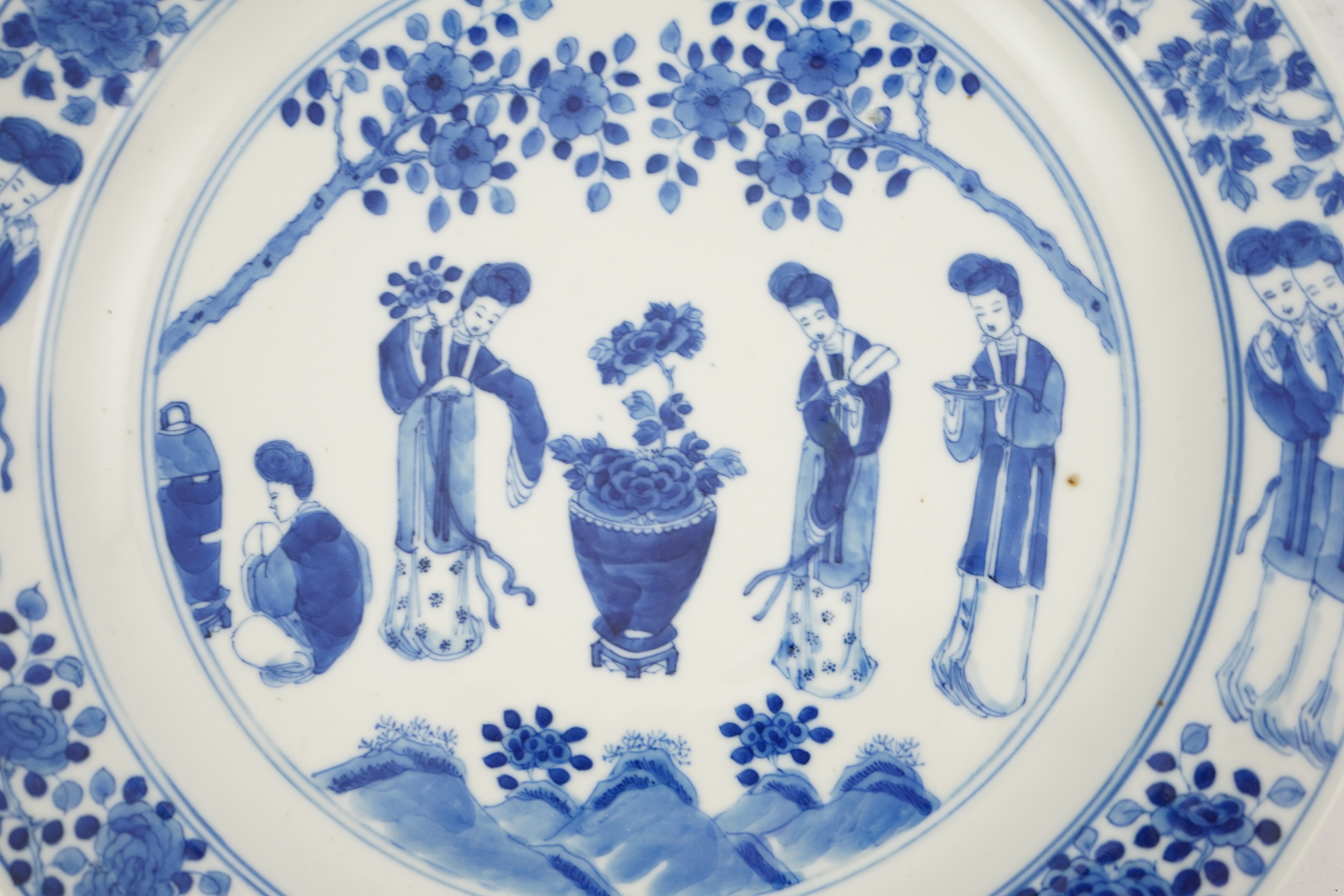 A Chinese blue and white 'ladies' plate, Kangxi mark, 19th century